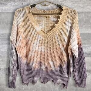 Main Strip Tie Dye Frayed Edge V Neck Sweater Womens Distressed Slouchy Knit